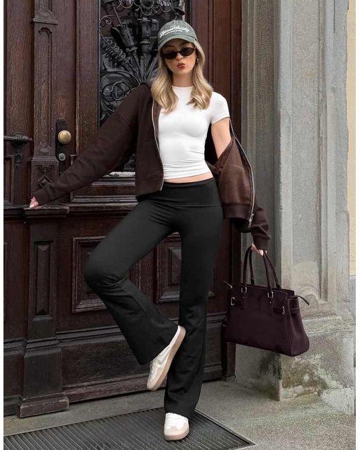 Bershka Black Technical Flared Trousers With Turn-down Waist