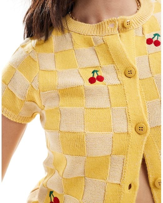 ASOS Yellow Crew Neck Cardigan With Cherry Embroidery