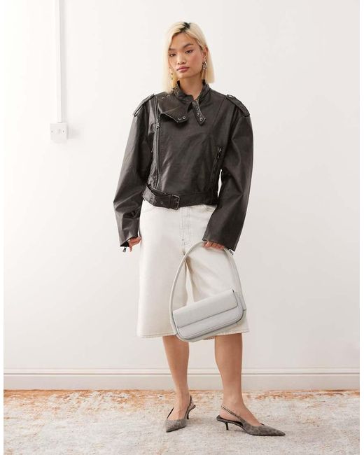Lioness Black Driftwood Faux Leather Structured Wide Sleeve Buckle Detail Biker Jacket