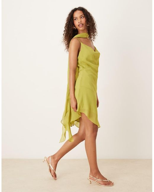 Six Stories Yellow Scarf Neck Asymmetric Ruffle Mini Dress