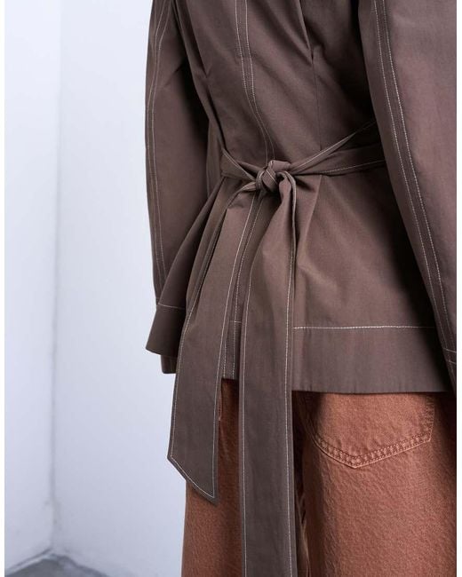 TOPSHOP Brown Long Sleeve Tie Waist Top With Contrast Stich