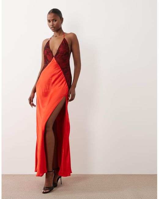 Bardot Red Estrella Exclusive Halter Maxi Dress With Lace Detail