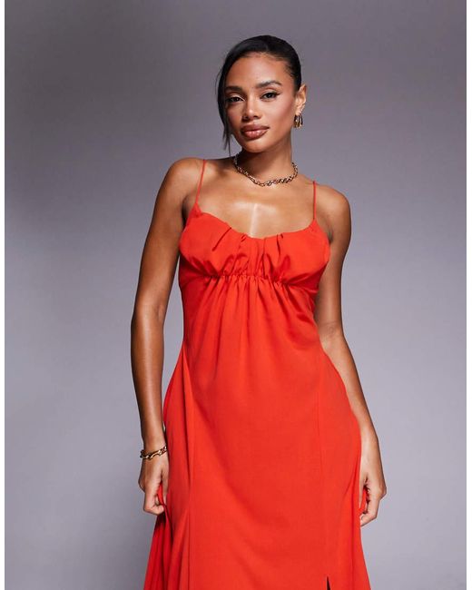 ASOS Midi Jurk Met Aangerimpelde Buste, Bandjes En Gekruiste Achterkant in het Red