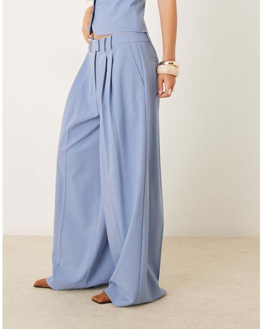 ASOS Blue Tailored Low Rise Pleated Super Wide Leg Suit Trousers