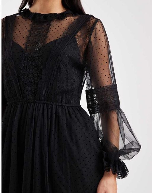 AllSaints Black Nita Long Sleeve Tulle Ruffle Maxi Dress