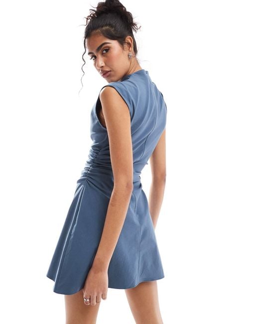 ASOS Blue Bengaline High Neck Sleeveless Mini Dress With Ruching Detail