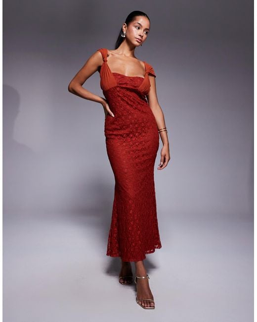 ASOS Red Cami Lace Maxi Dress With Overlayed Mesh Strap Detail