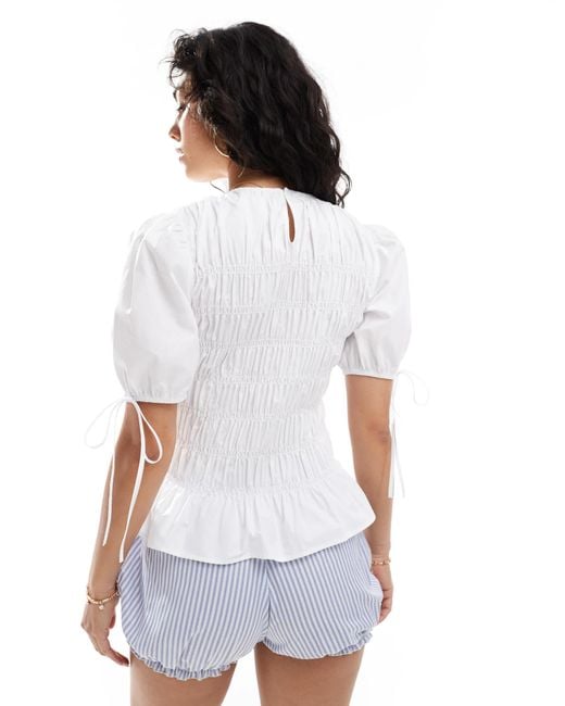 ASOS White Puff Sleeve Top With Shirring Detail