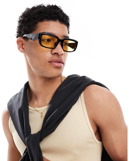 Occhiali Da Sole Rettangolari Neri Con Lenti Gialle di Only & Sons in Black da Uomo