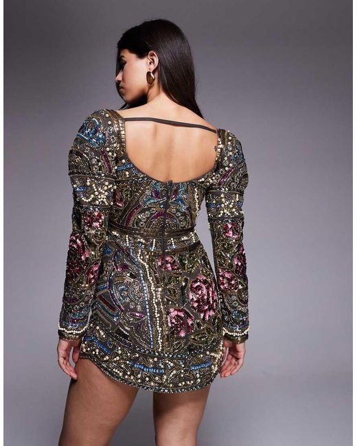 ASOS Gray Embellished Domed Sleeve Curve High Neckline Mini Dress