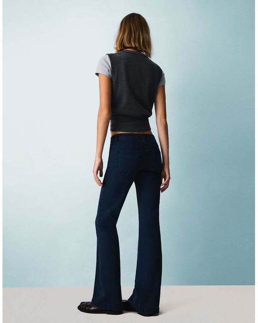 Bershka Blue Flare Trousers With Flaps And Pocket