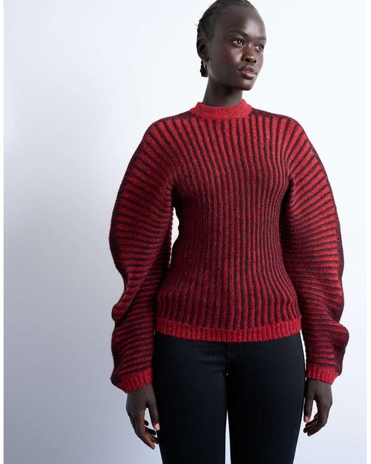 TOPSHOP Red Cocoon Plated Ribbed Jumper