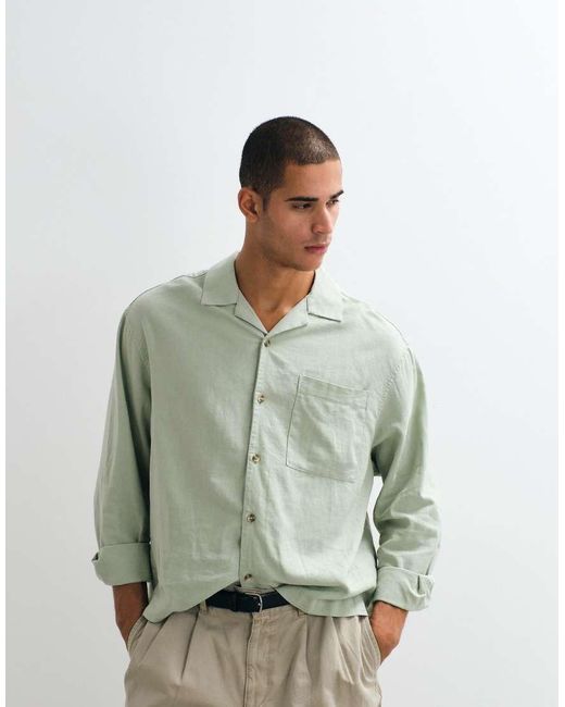 ASOS Gray Boxy Oversized Revere Linen Blend Shirt for men