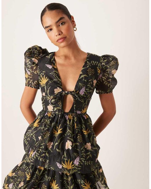 True Decadence Natural Plunge Neck Tiered Midi Dress