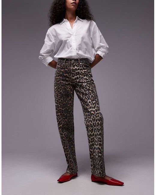 TOPSHOP Purple Longline Straight Leg Leopard Printed Trouser