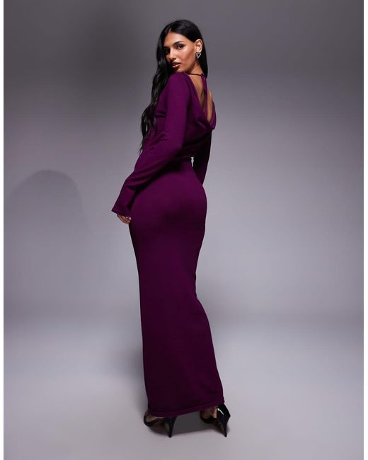 Kaiia Purple Exclusive Cowl Tie Back Long Sleeve Fine Knit Maxi Dress