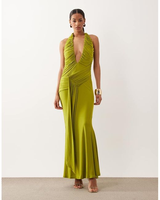 ASOS Green Super Plunge Slinky Maxi Dress With Asymmetric Drape Detail
