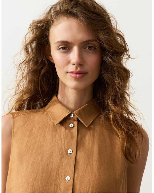 Oysho Brown 100% Linen Sleeveless Cropped Shirt
