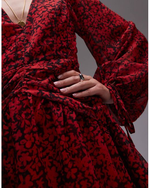 TOPSHOP Red Ruch Waist V Neck Mini Tea Dress