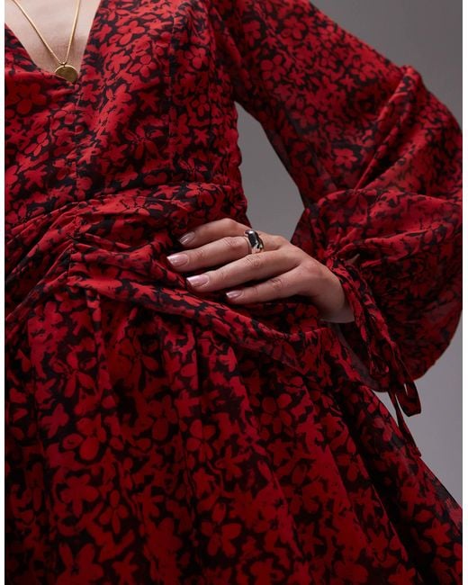 TOPSHOP Red Ruch Waist V Neck Mini Tea Dress