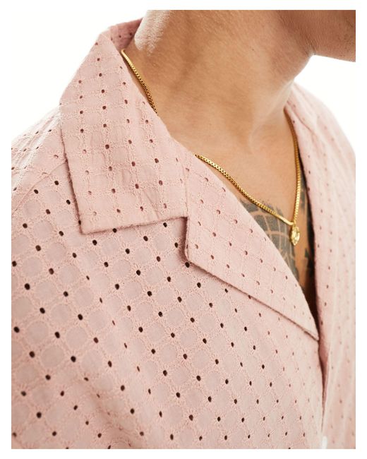 ASOS Pink Short Sleeve Relaxed Fit Revere Collar Broderie Shirt for men