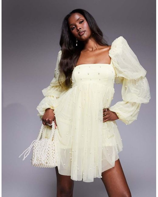 ASOS Blue Tulle Baby Doll Dress With Pearl Embellishment