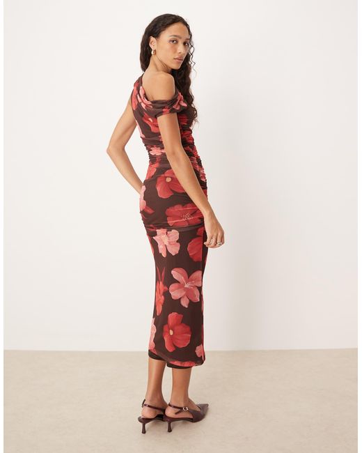 Mango Red Asymmetric Mesh Midi Dress