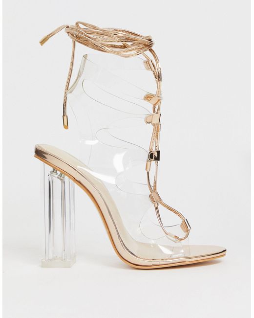 rose gold tie up block heels