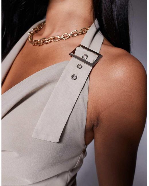 Missy Empire Gray Chiffon Cowl Neck Buckle Detail Top Co-Ord