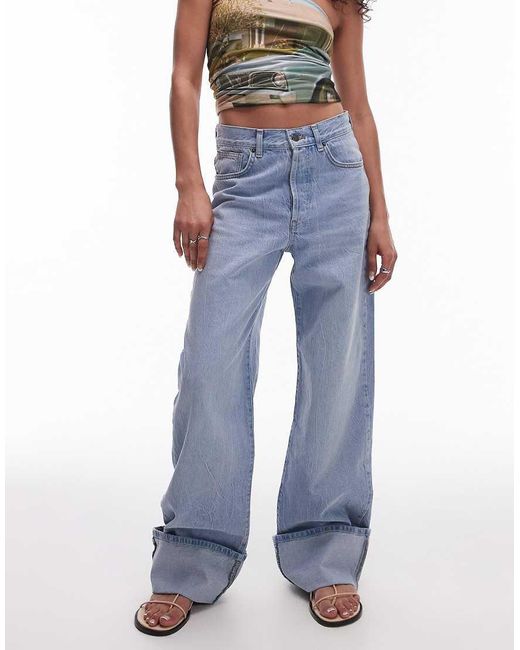 Vaqueros De Talle Alto Con Lavado Envejecido Y Bajos Vueltos De -Azul TOPSHOP de color Blue