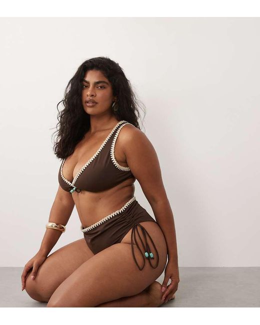 ASOS Brown Asos Design Curve Whitney Whip High Waist Ruched Bikini Bottom