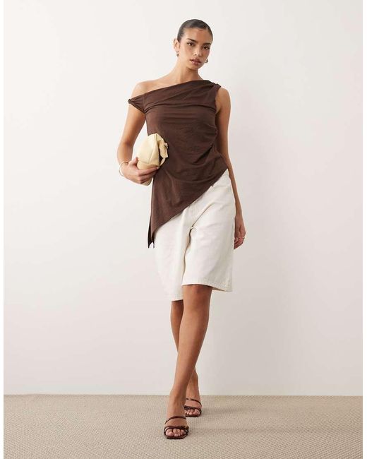 ASOS Natural Mix & Match Linen Look Longline Top With Asymmetric Hem