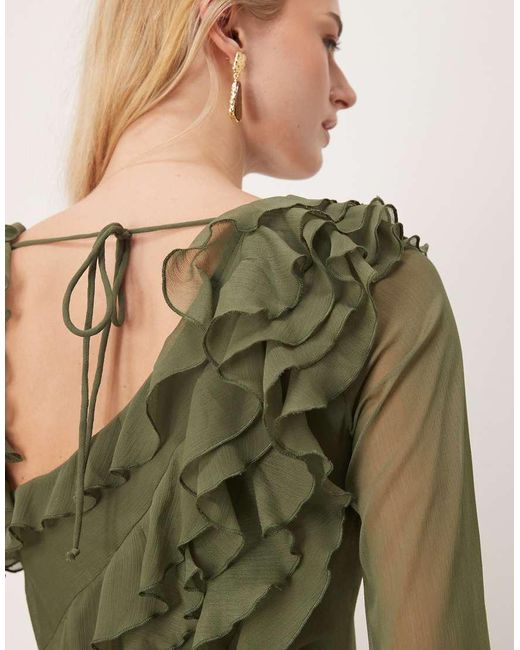 ASOS Green Asos Design Tall Chiffon Long Sleeve Asymmetric Tiered Soft Ruffle Maxi Dress