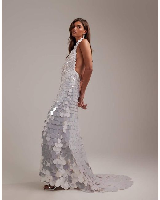 ASOS White Large Paillette Sequins Plunge Halter Neck Wedding Maxi Dress