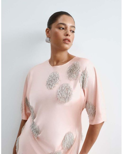 ARRANGE Pink Curve Satin Maxi Dress With Embellished Spot