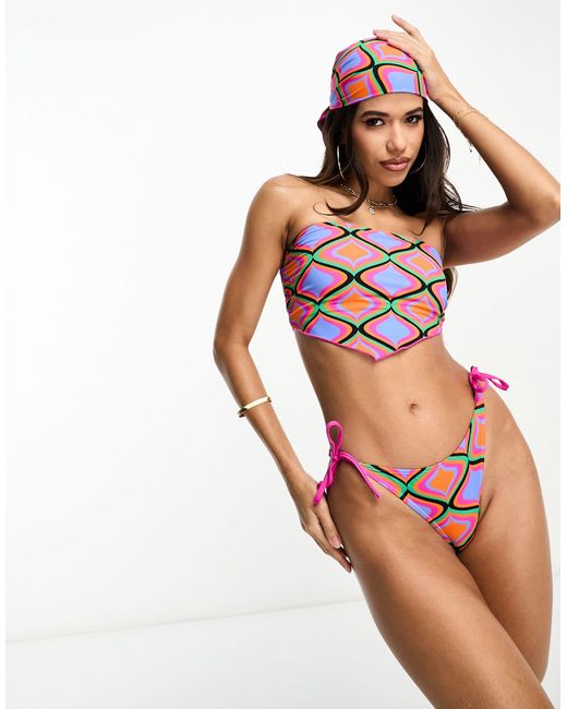 Threadbare Blue – bikini aus trägerlosem bikinioberteil mit zipfelsaum, seitlich gebundener bikinihose und passendem kopftuch