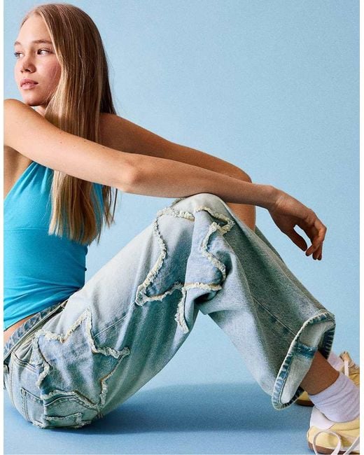 Bershka Blue Low-rise Boyfriend Jeans With Stars