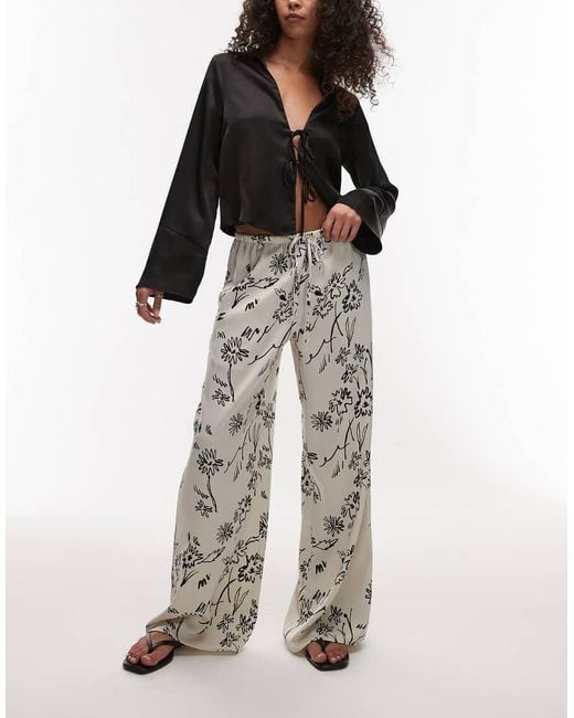 TOPSHOP Multicolor Sketched Floral Satin Drawstring Pants