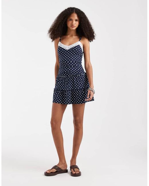 Hollister Blue Lace Trim Strappy Tiered Mini Dress With Shorts
