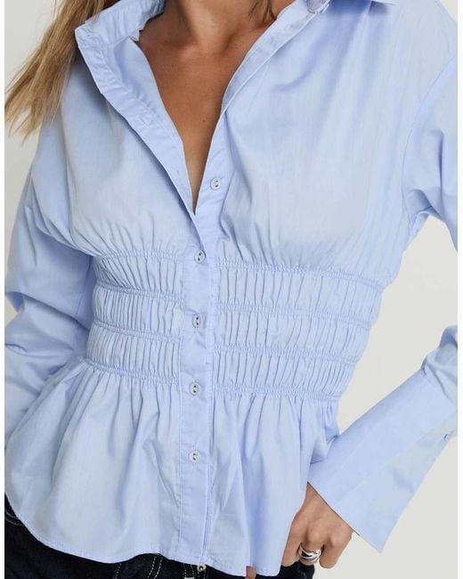 Princess Polly Blue As You Are Shirred Waist Button Up Shirt