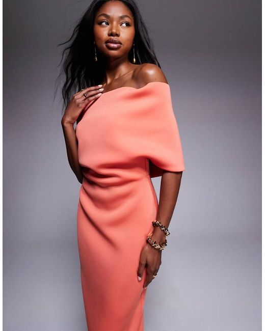 ASOS Deep Bardot Midi Dress With Cape Back Detail in Orange