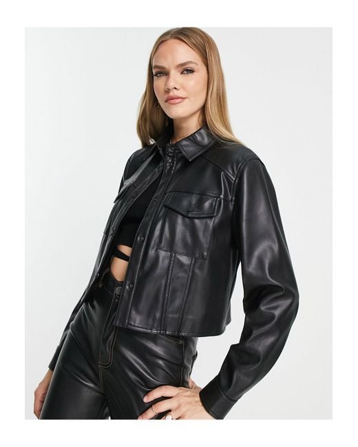 Calvin Klein Cropped Faux Leather Jacket in Black | Lyst