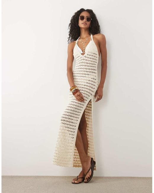 Miss Selfridge Natural Halter Crochet Maxi Dress
