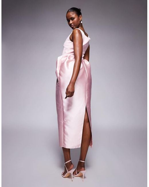 ASOS Pink Scuba Scoop Neck Midi Dress With Manipulated Puff Skirt