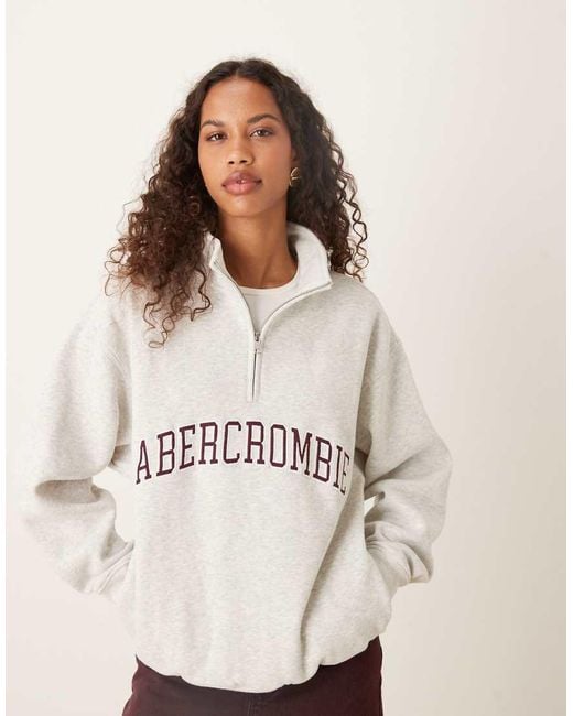 Abercrombie & Fitch Natural Front Logo Fleece Quarter Zip Sweatshirt
