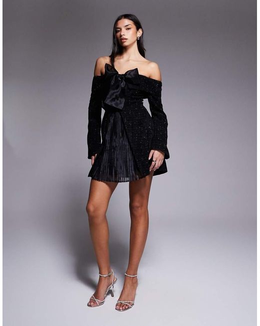 ASOS Black Boucle Bardot Mini Dress With Pleated Skirt And Bow