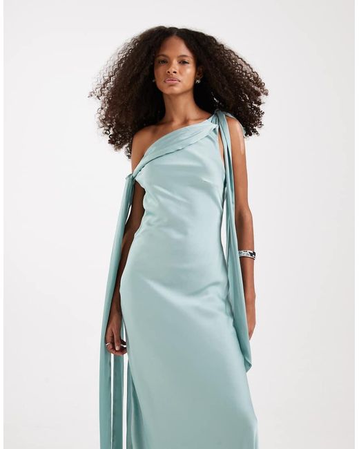 TFNC London Blue Bridesmaids Fallen Shoulder Satin Maxi Dress