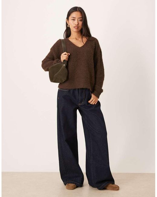 Vila Brown Fluffy Knitted V Neck Oversized Jumper