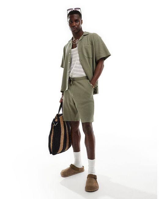 SELECTED Green Co-ord Waffle Shorts for men