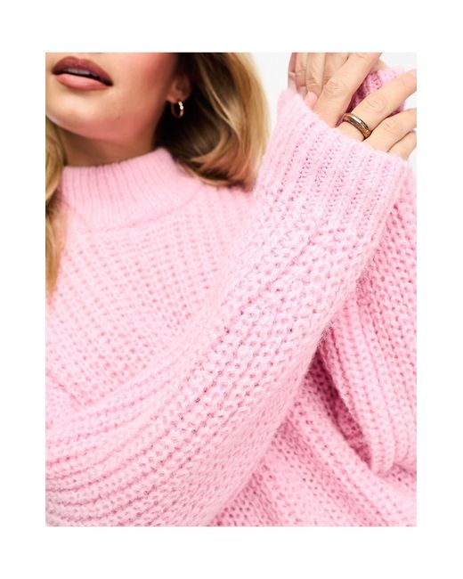 Monki Pink High Neck Chunky Rib Knitted Jumper With Volume Sleeve